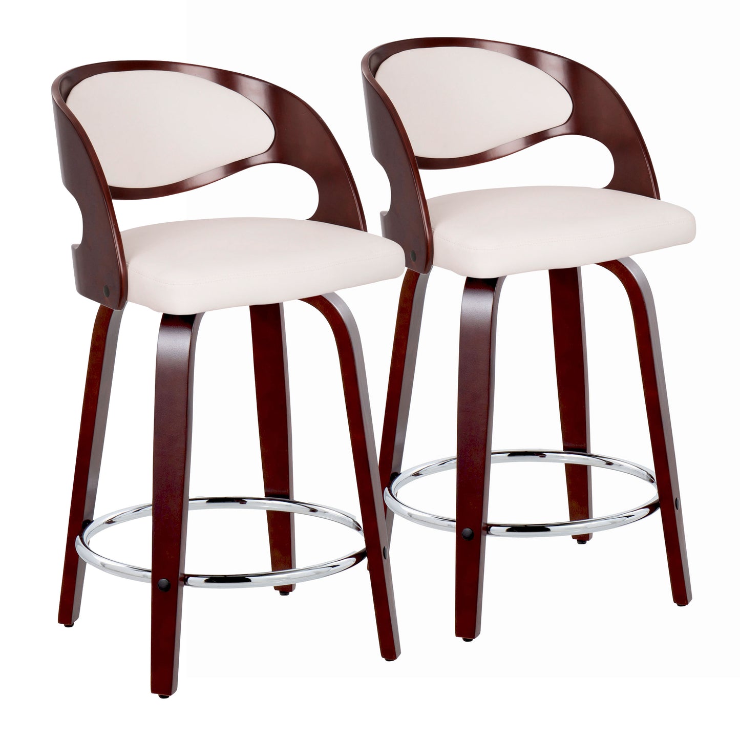 24" Mid-Century Modern Fixed-Height Counter Stool with Swivel in Cherry Wood and White Faux Leather with Round Chrome Metal Footrest  - Set of 2