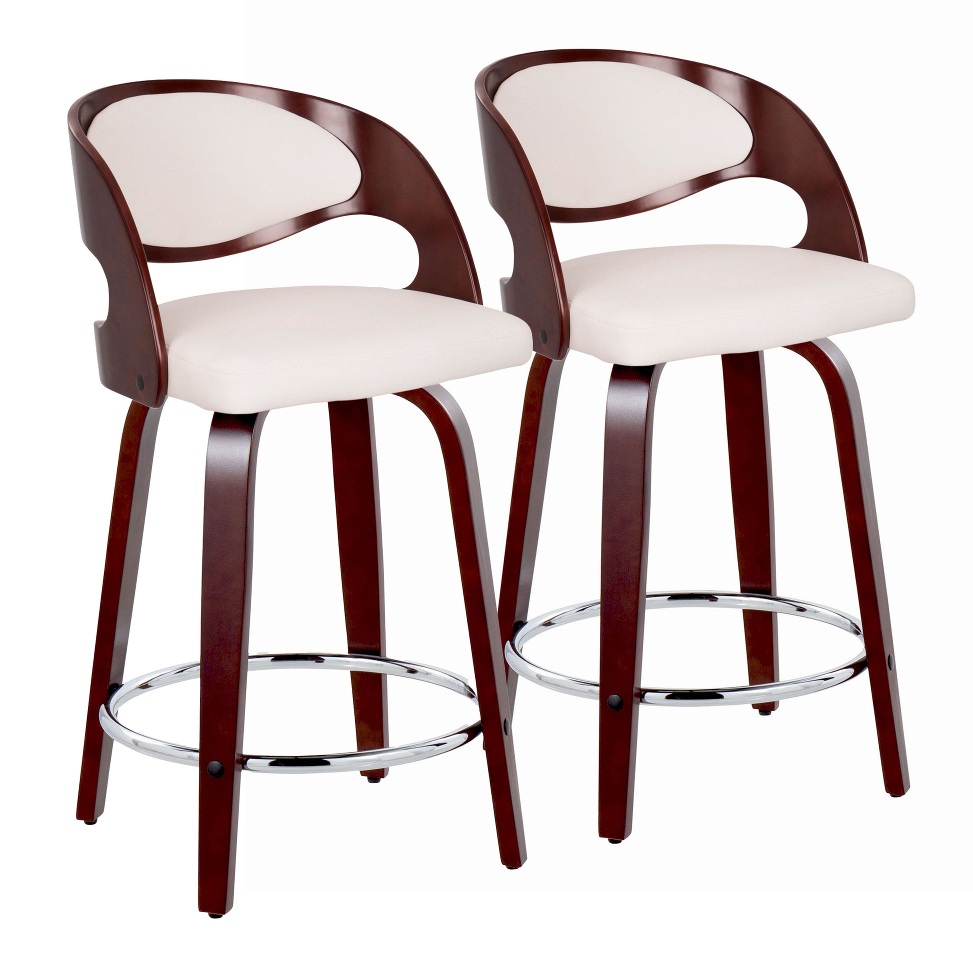24" Mid-Century Modern Fixed-Height Counter Stool with Swivel in Cherry Wood and White Faux Leather with Round Chrome Metal Footrest  - Set of 2