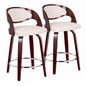 24" Mid-Century Modern Fixed-Height Counter Stool with Swivel in Cherry Wood and White Faux Leather with Round Chrome Metal Footrest  - Set of 2