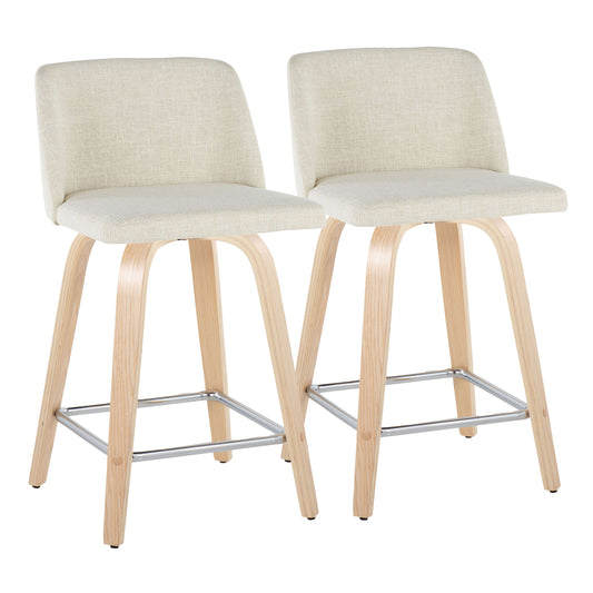 24" Contemporary Fixed-Height Counter Stool with Swivel in Natural Wood and Cream Fabric with Square Chrome Metal Footrest  - Set of 2