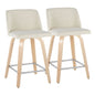 24" Contemporary Fixed-Height Counter Stool with Swivel in Natural Wood and Cream Fabric with Square Chrome Metal Footrest  - Set of 2