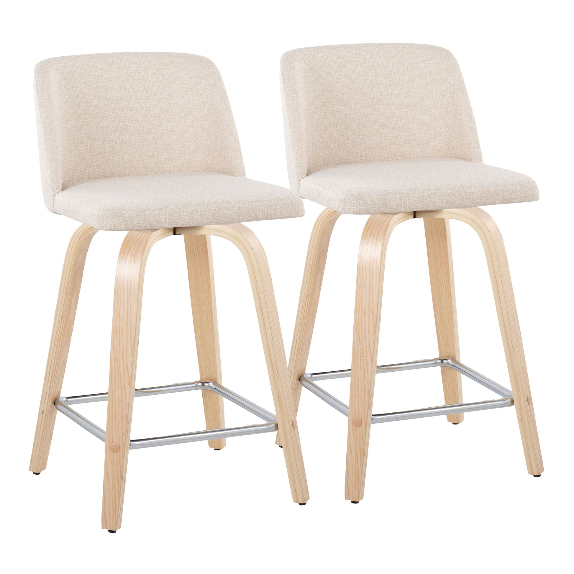 24" Contemporary Fixed Height Counter Stool with Swivel in Natural Wood and Cream Noise Fabric with Square Chrome Metal Footrest  - Set of 2