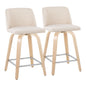 24" Contemporary Fixed Height Counter Stool with Swivel in Natural Wood and Cream Noise Fabric with Square Chrome Metal Footrest  - Set of 2