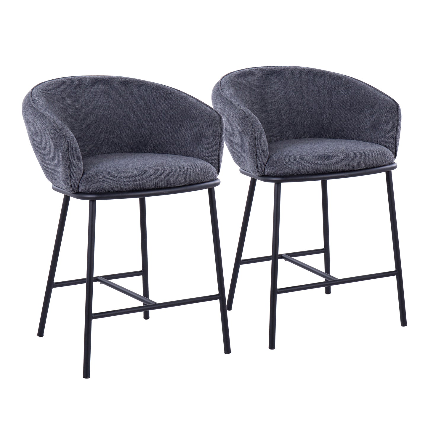 Contemporary Counter Stool in Black Steel and Charcoal Fabric  - Set of 2