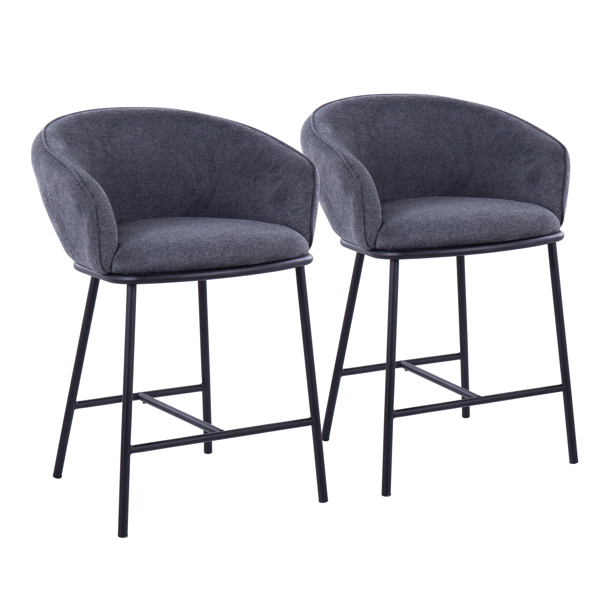 Contemporary Counter Stool in Black Steel and Charcoal Fabric  - Set of 2