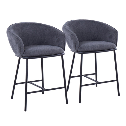 Contemporary Counter Stool in Black Steel and Charcoal Fabric  - Set of 2