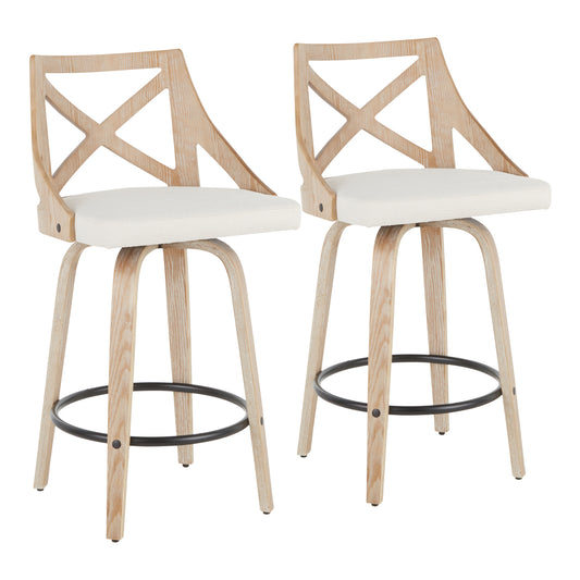 26" Fixed Height Counter Stool with Swivel in White Washed Wood and Cream Fabric  - Set of 2