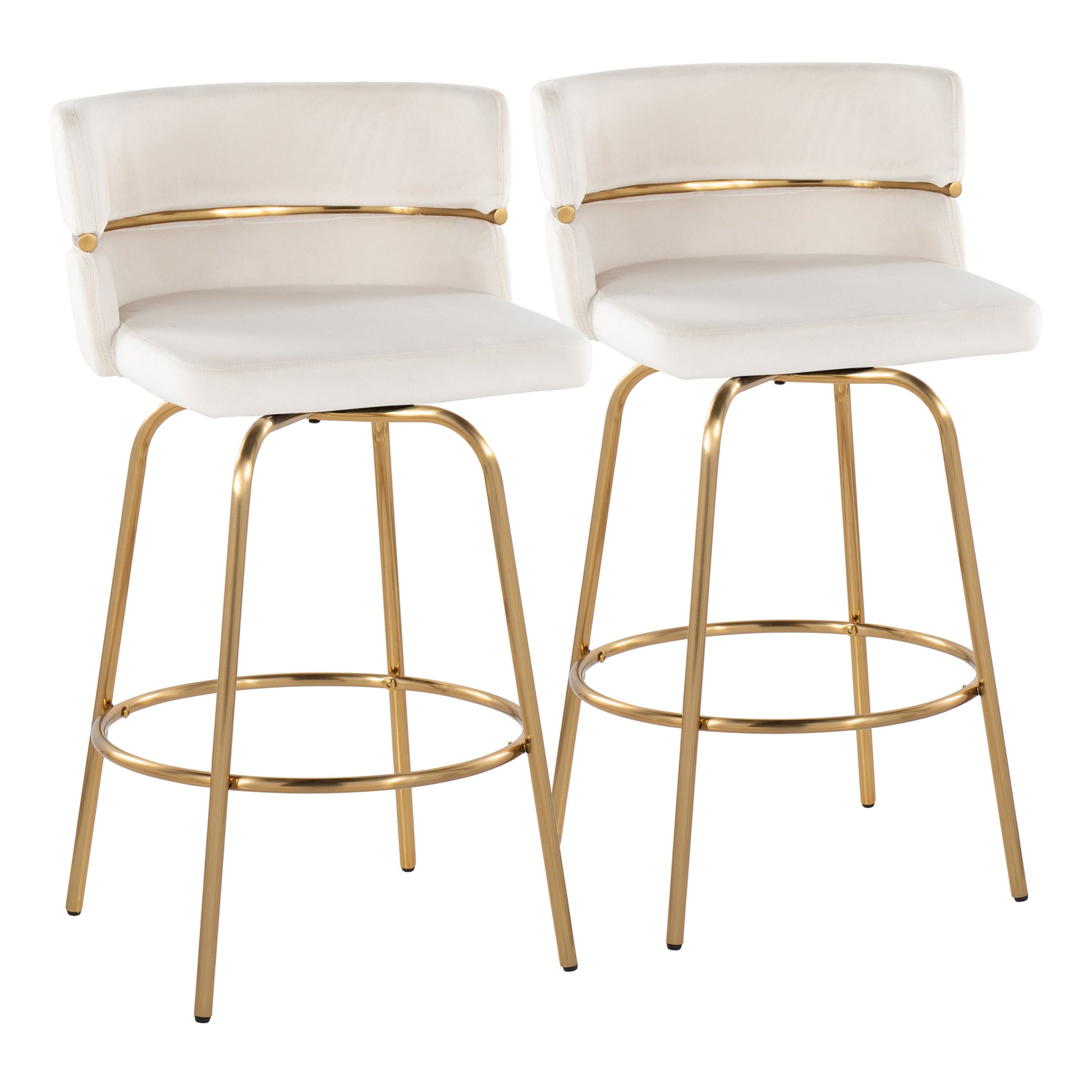 26" Fixed-Height Counter Stool with Swivel in Gold Metal and Cream Velvet with Round Footrest  - Set of 2