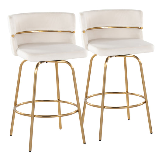 26" Fixed-Height Counter Stool with Swivel in Gold Metal and Cream Velvet with Round Footrest  - Set of 2