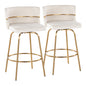 26" Fixed-Height Counter Stool with Swivel in Gold Metal and Cream Velvet with Round Footrest  - Set of 2