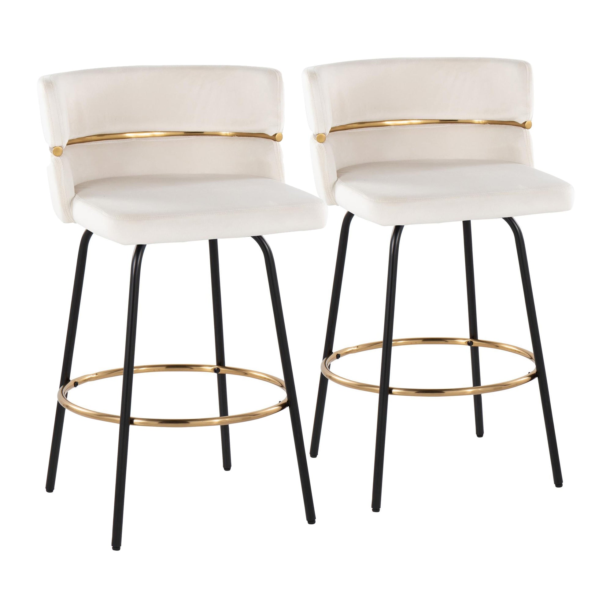 26" Contemporary Fixed-Height Counter Stool with Swivel in Black Metal and Cream Velvet with Round Gold Footrest  - Set of 2
