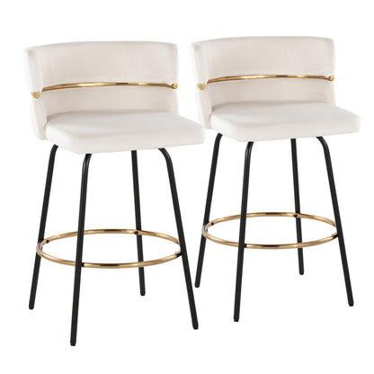 26" Contemporary Fixed-Height Counter Stool with Swivel in Black Metal and Cream Velvet with Round Gold Footrest  - Set of 2