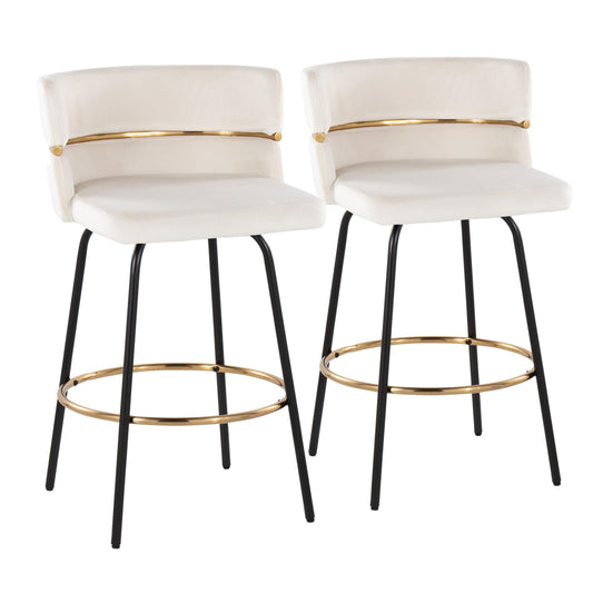26" Contemporary Fixed-Height Counter Stool with Swivel in Black Metal and Cream Velvet with Round Gold Footrest  - Set of 2
