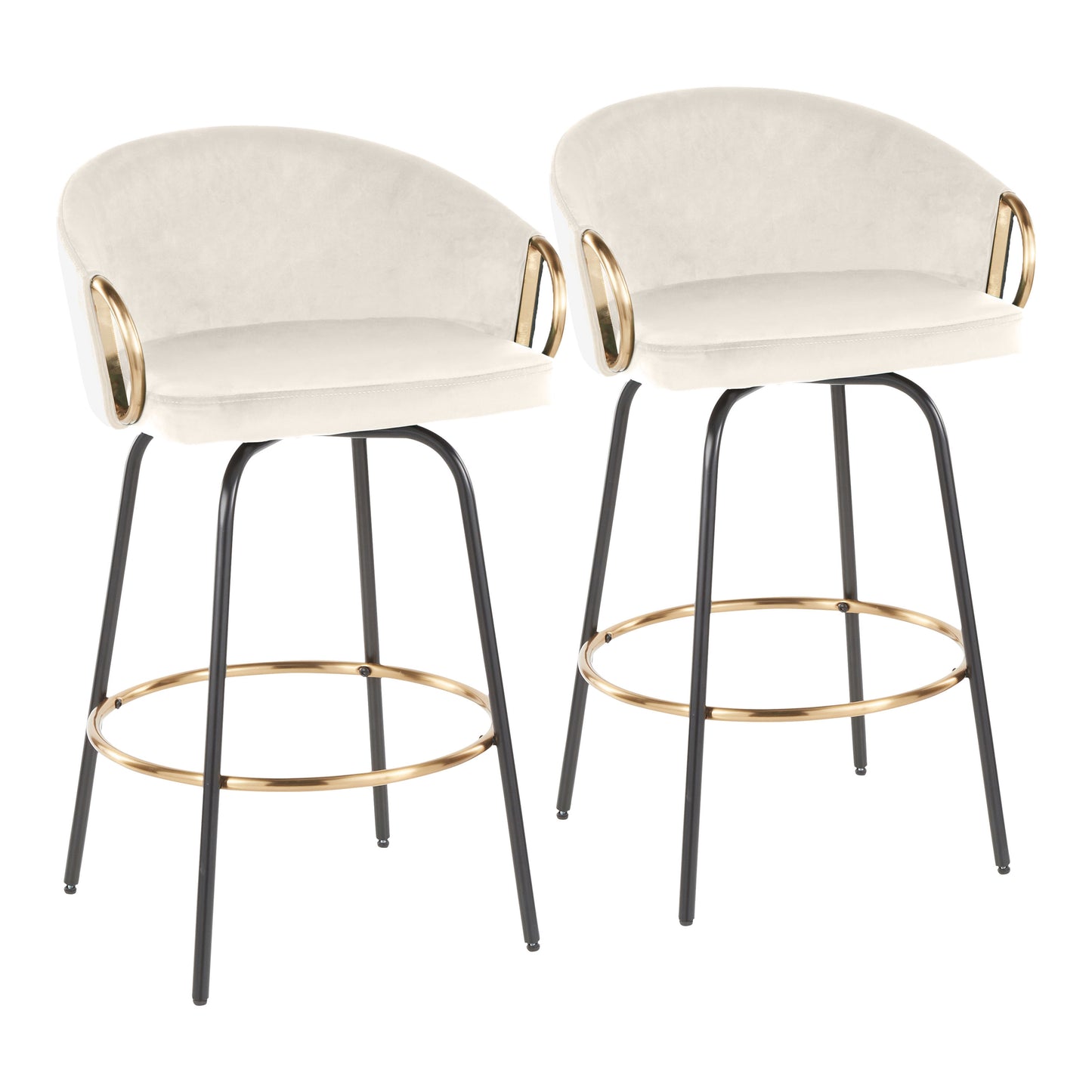 26" Contemporary Fixed Height Counter Stool with Swivel in Black Metal and Cream Velvet with Gold Metal Accents  - Set of 2