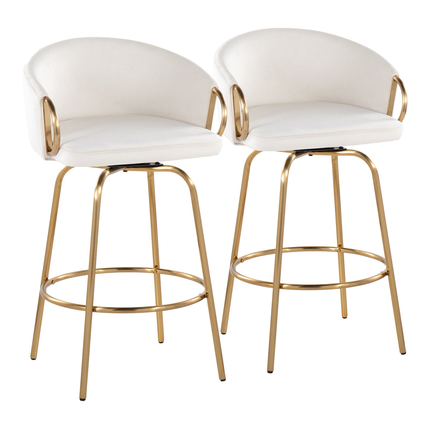 26" Contemporary Counter Stool with Swivel in Gold Metal and Cream Velvet with Round Gold Metal Footrest  - Set of 2