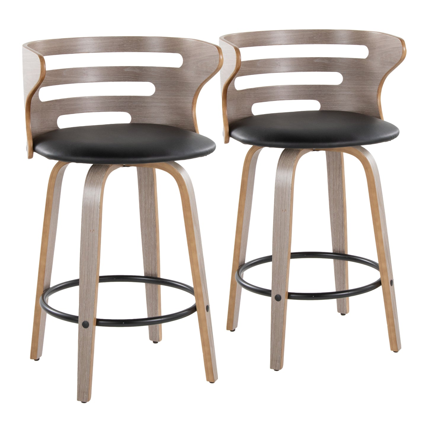 Fixed-Height Counter Stool with Swivel in Light Grey Wood and Black Faux Leather with Round Black Metal Footrest - Set of 2