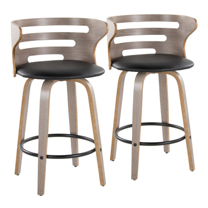 Fixed-Height Counter Stool with Swivel in Light Grey Wood and Black Faux Leather with Round Black Metal Footrest - Set of 2