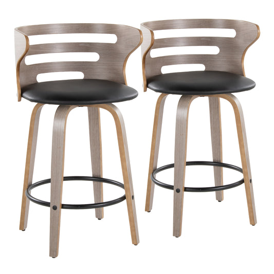 Fixed-Height Counter Stool with Swivel in Light Grey Wood and Black Faux Leather with Round Black Metal Footrest - Set of 2