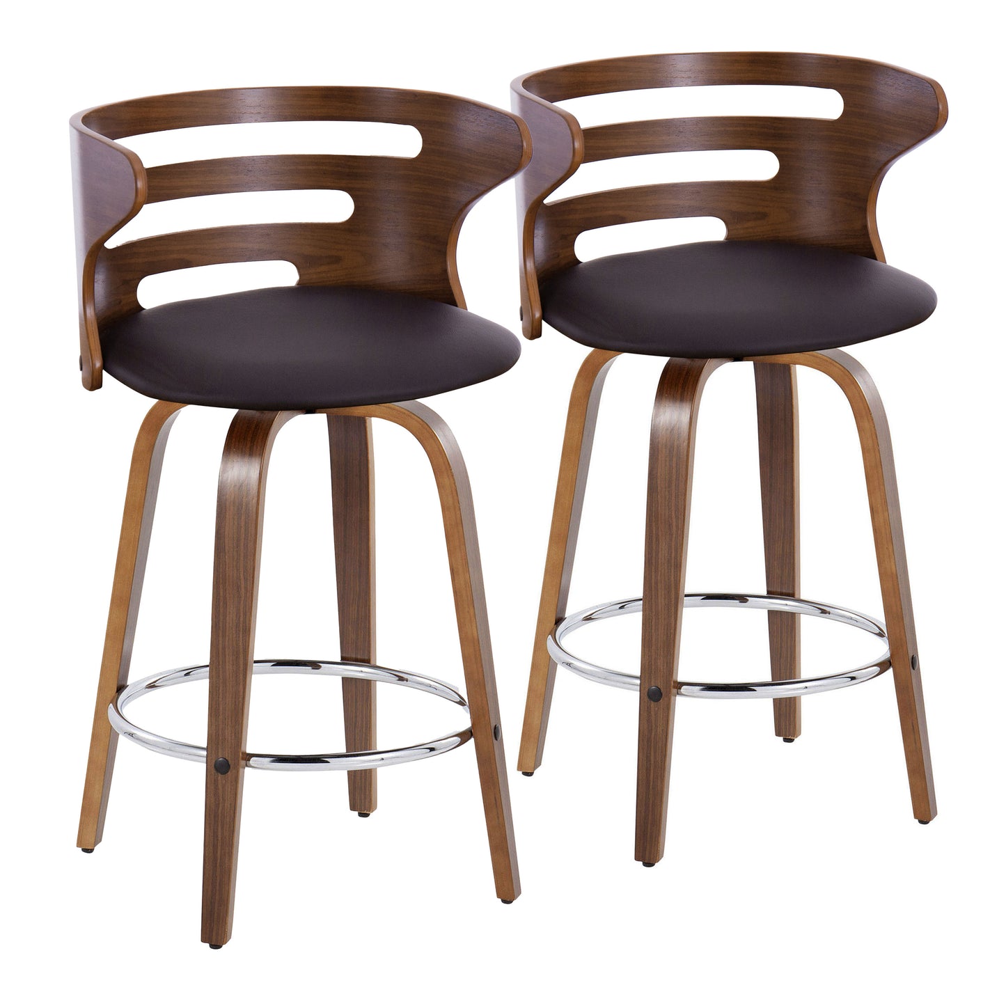 Fixed-Height Counter Stool with Swivel in Walnut Wood and Brown Faux Leather with Round Chrome Metal Footrest - Set of 2