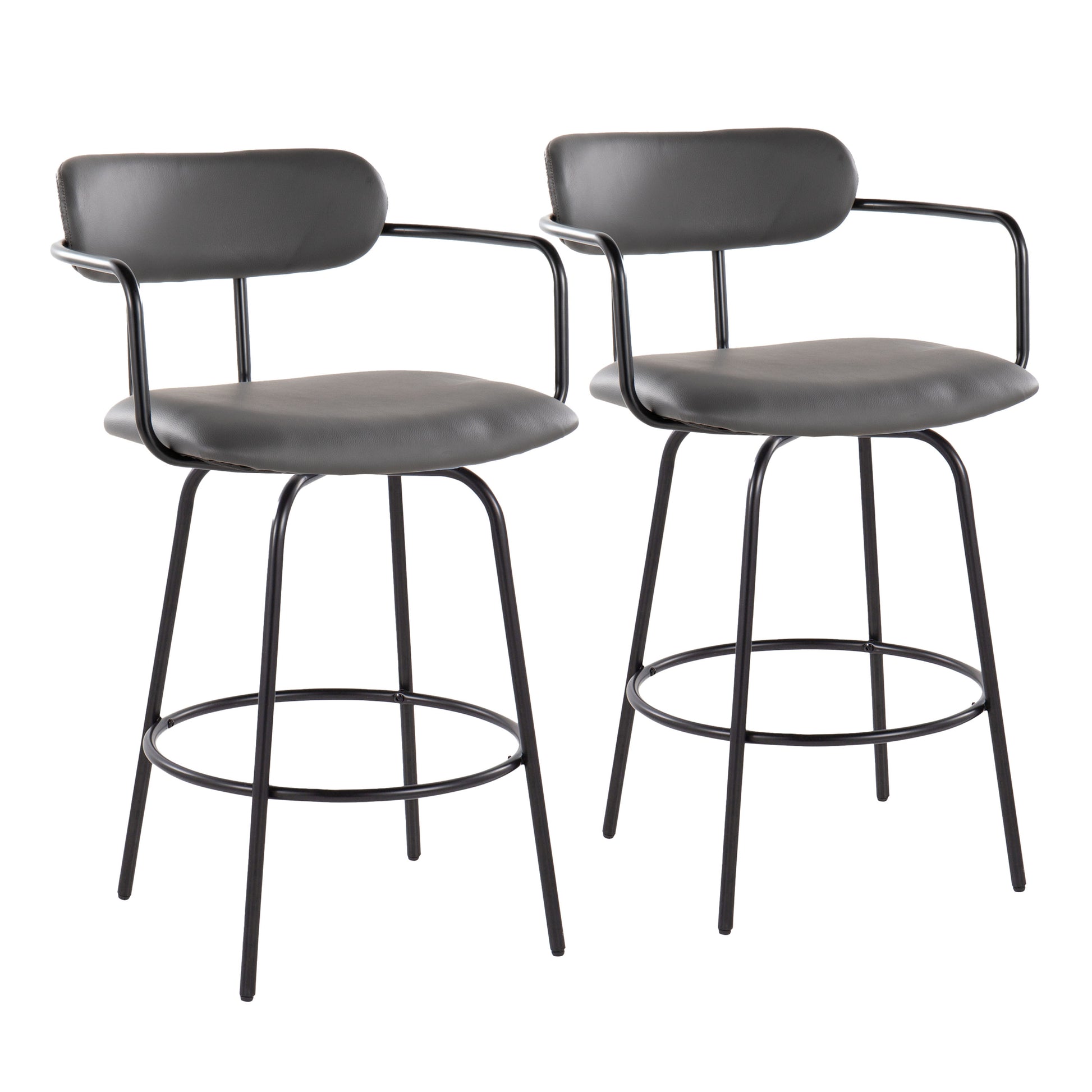 26" Contemporary Fixed-Height Counter Stool with Swivel in Black Metal and Grey Faux Leather with Round Black Metal Footrest  - Set of 2
