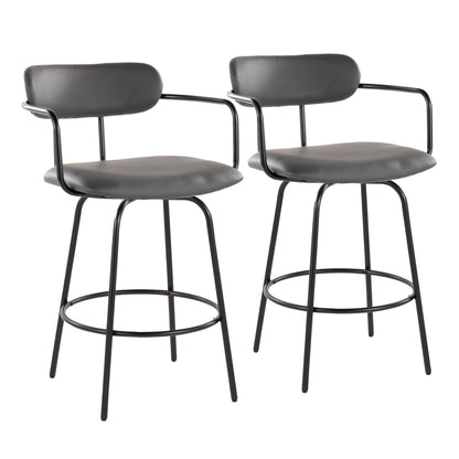 26" Contemporary Fixed-Height Counter Stool with Swivel in Black Metal and Grey Faux Leather with Round Black Metal Footrest  - Set of 2