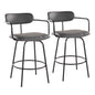 26" Contemporary Fixed-Height Counter Stool with Swivel in Black Metal and Grey Faux Leather with Round Black Metal Footrest  - Set of 2