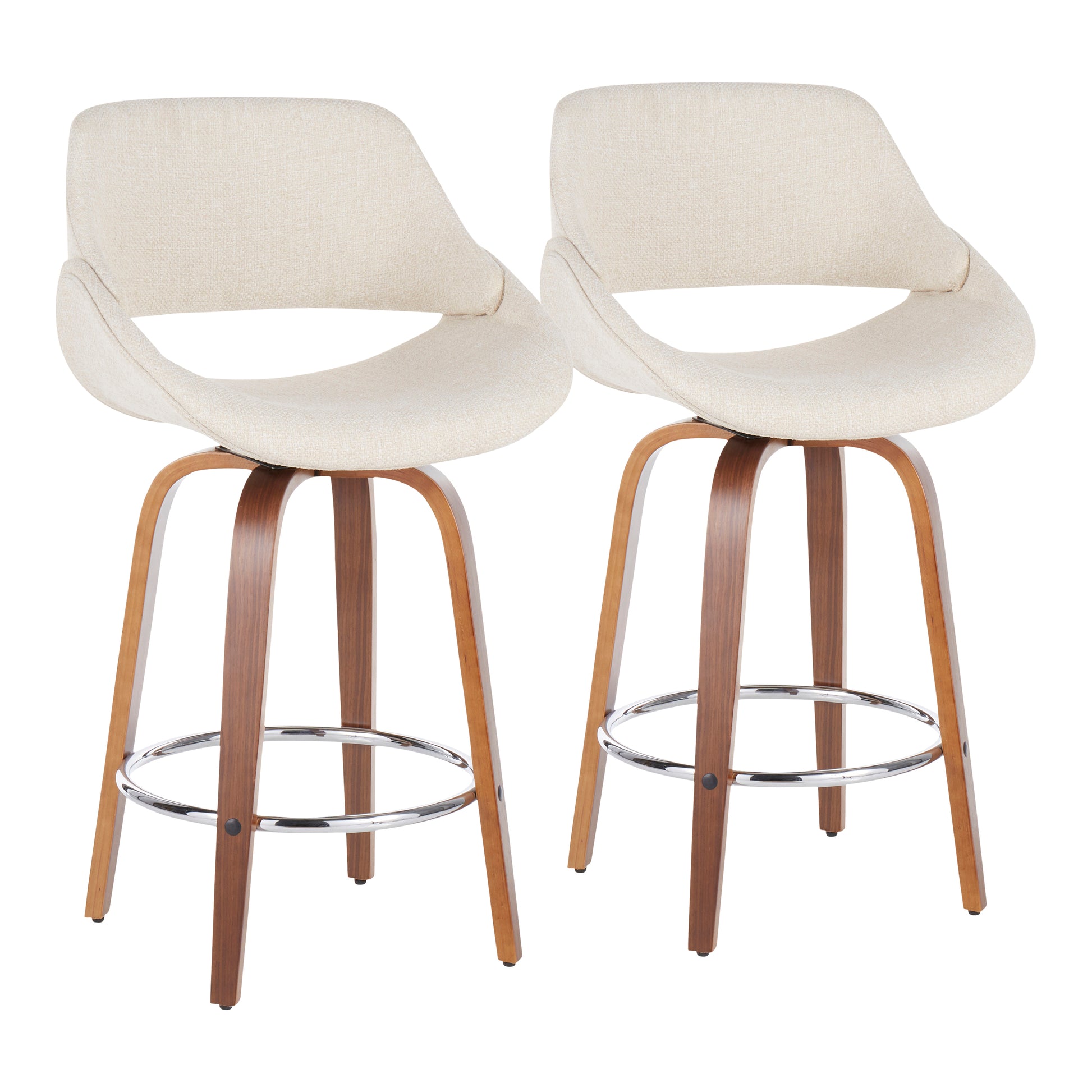 Mid-Century Modern Counter Stool in Walnut and Cream Fabric  - Set of 2