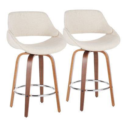 Mid-Century Modern Counter Stool in Walnut and Cream Fabric  - Set of 2