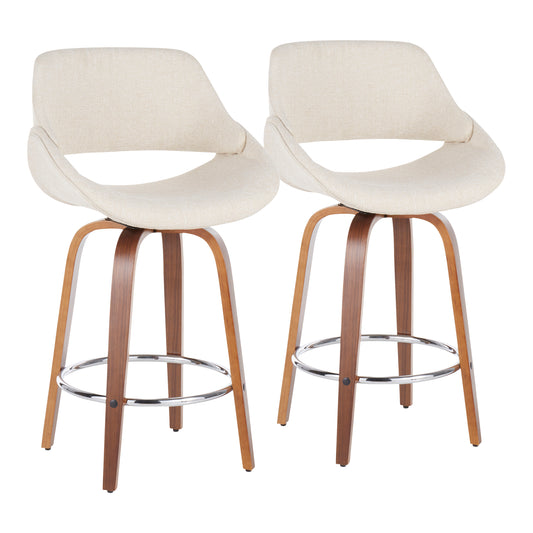 Mid-Century Modern Counter Stool in Walnut and Cream Fabric  - Set of 2