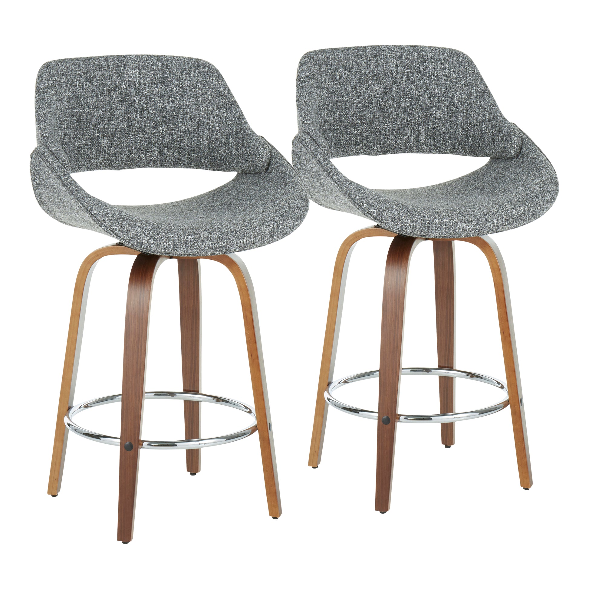 Mid-Century Modern Counter Stool in Walnut and Grey Noise Fabric  - Set of 2