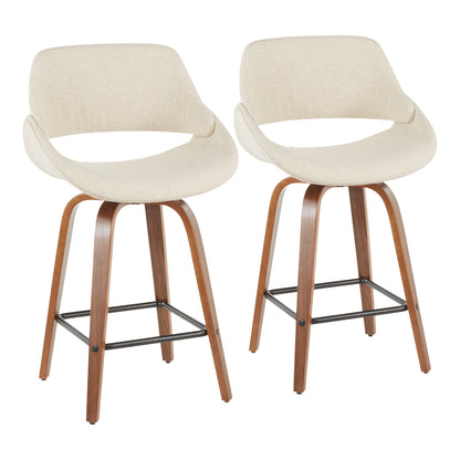 Mid-Century Modern Counter Stool in Walnut and Cream Fabric  - Set of 2