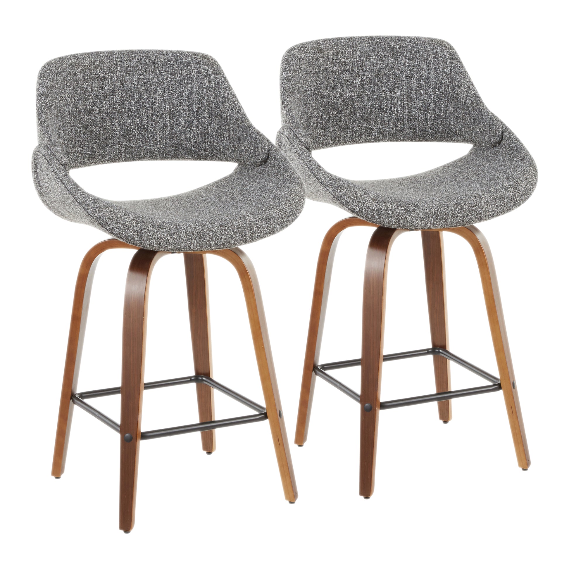 Mid-Century Modern Counter Stool in Walnut and Grey Noise Fabric  - Set of 2