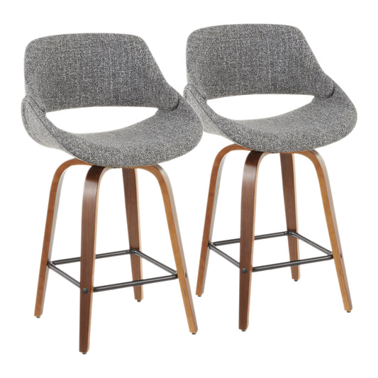 Mid-Century Modern Counter Stool in Walnut and Grey Noise Fabric  - Set of 2