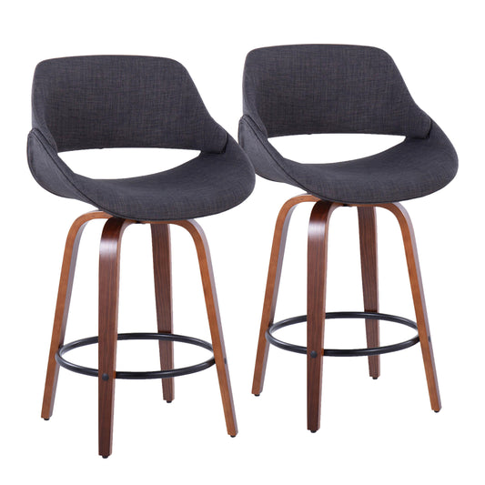 26" Mid-Century Modern Fixed-Height Counter Stool in Walnut Wood and Charcoal Fabric with Round Black Metal Footrest  - Set of 2