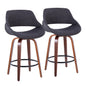 26" Mid-Century Modern Fixed-Height Counter Stool in Walnut Wood and Charcoal Fabric with Round Black Metal Footrest  - Set of 2