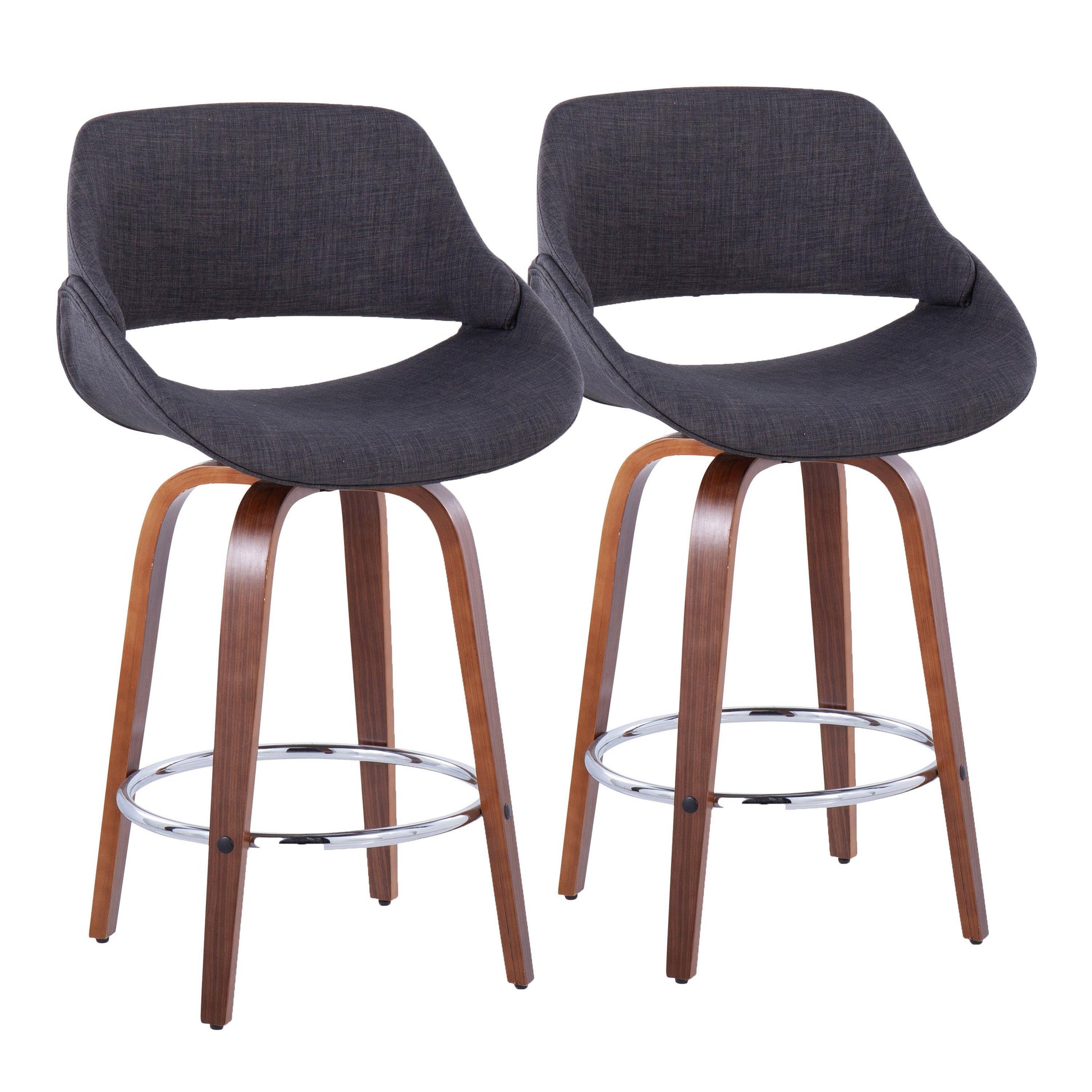 26" Mid-Century Modern Fixed-Height Counter Stool in Walnut Wood and Charcoal Fabric with Round Chrome Metal Footrest  - Set of 2