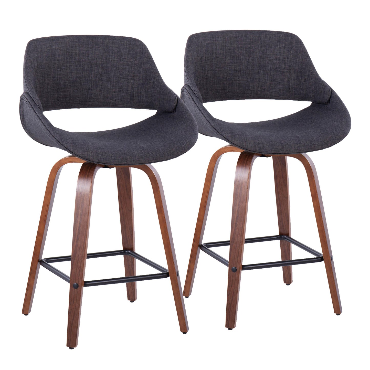 26" Mid-Century Modern Fixed-Height Counter Stool in Walnut Wood and Charcoal Fabric with Square Black Metal Footrest  - Set of 2