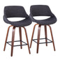 26" Mid-Century Modern Fixed-Height Counter Stool in Walnut Wood and Charcoal Fabric with Square Black Metal Footrest  - Set of 2