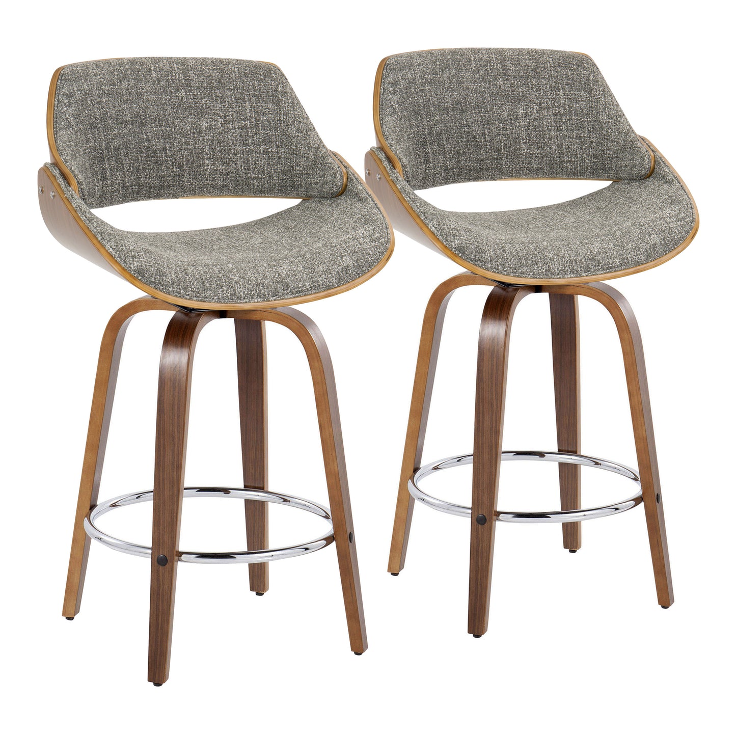 26" Mid-Century Modern Fixed-Height Counter Stool with Swivel in Walnut Wood and Noise Grey Fabric with Round Chrome Metal Footrest  - Set of 2