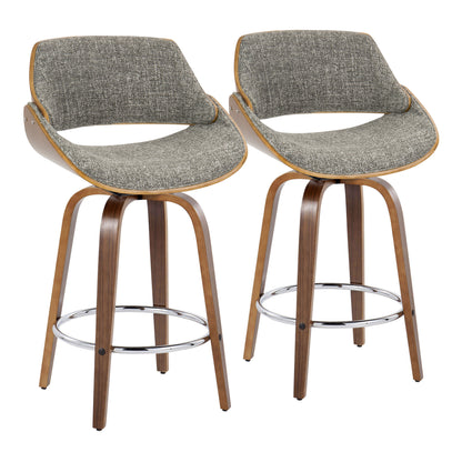 26" Mid-Century Modern Fixed-Height Counter Stool with Swivel in Walnut Wood and Noise Grey Fabric with Round Chrome Metal Footrest  - Set of 2