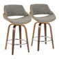 26" Mid-Century Modern Fixed-Height Counter Stool with Swivel in Walnut Wood and Noise Grey Fabric with Round Chrome Metal Footrest  - Set of 2