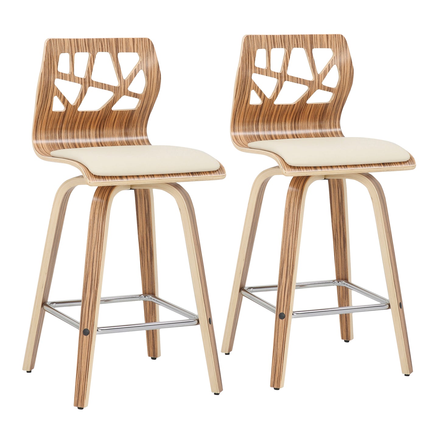 Folia Mid-Century Modern Counter Stool in Zebra Wood and Cream Faux Leather by  - Set of 2