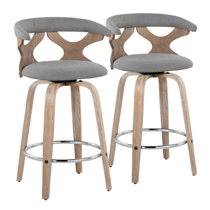 26" Contemporary Fixed-Height Counter Stool with Swivel in White Washed Wood and Grey Fabric with Round Chrome Metal Footrest  - Set of 2