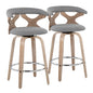 26" Contemporary Fixed-Height Counter Stool with Swivel in White Washed Wood and Grey Fabric with Round Chrome Metal Footrest  - Set of 2