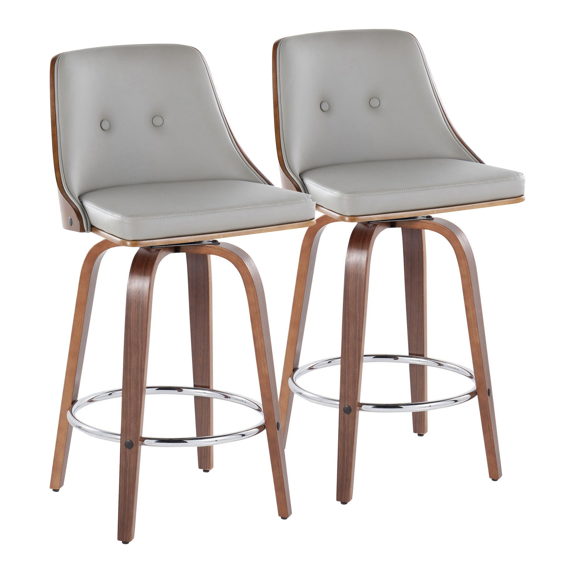 26" Mid-Century Modern Fixed-Height Counter Stool with Swivel in Walnut Wood and Light Grey Faux Leather with Round Chrome Metal Footrest  - Set of 2