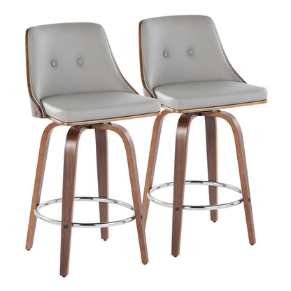 26" Mid-Century Modern Fixed-Height Counter Stool with Swivel in Walnut Wood and Light Grey Faux Leather with Round Chrome Metal Footrest  - Set of 2