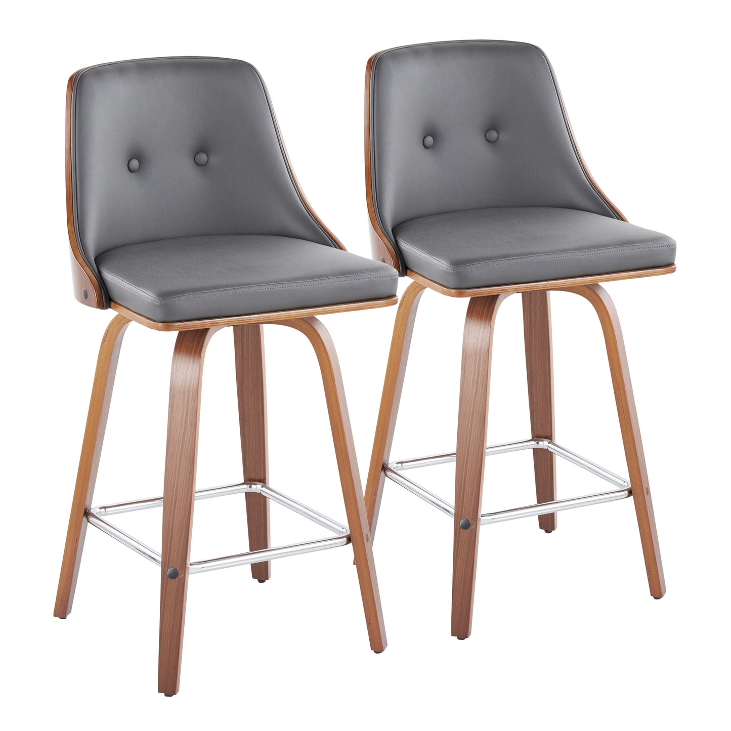Mid-Century Modern Fixed-Height Counter Stool with Swivel in Walnut Wood and Grey Faux Leather with Square Chrome Metal Footrest  - Set of 2