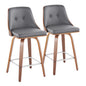 Mid-Century Modern Fixed-Height Counter Stool with Swivel in Walnut Wood and Grey Faux Leather with Square Chrome Metal Footrest  - Set of 2