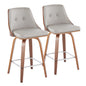 Mid-Century Modern Fixed-Height Counter Stool with Swivel in Walnut Wood and Light Grey Faux Leather with Square Chrome Metal Footrest  - Set of 2