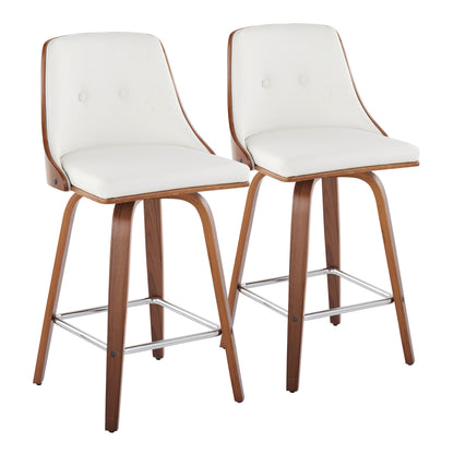 Mid-Century Modern Fixed-Height Counter Stool with Swivel in Walnut Wood and Light White Faux Leather with Square Chrome Metal Footrest  - Set of 2